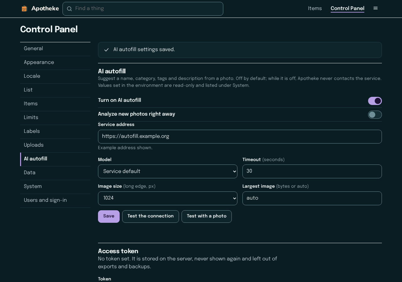 The Control Panel in dark mode, open at AI autofill.